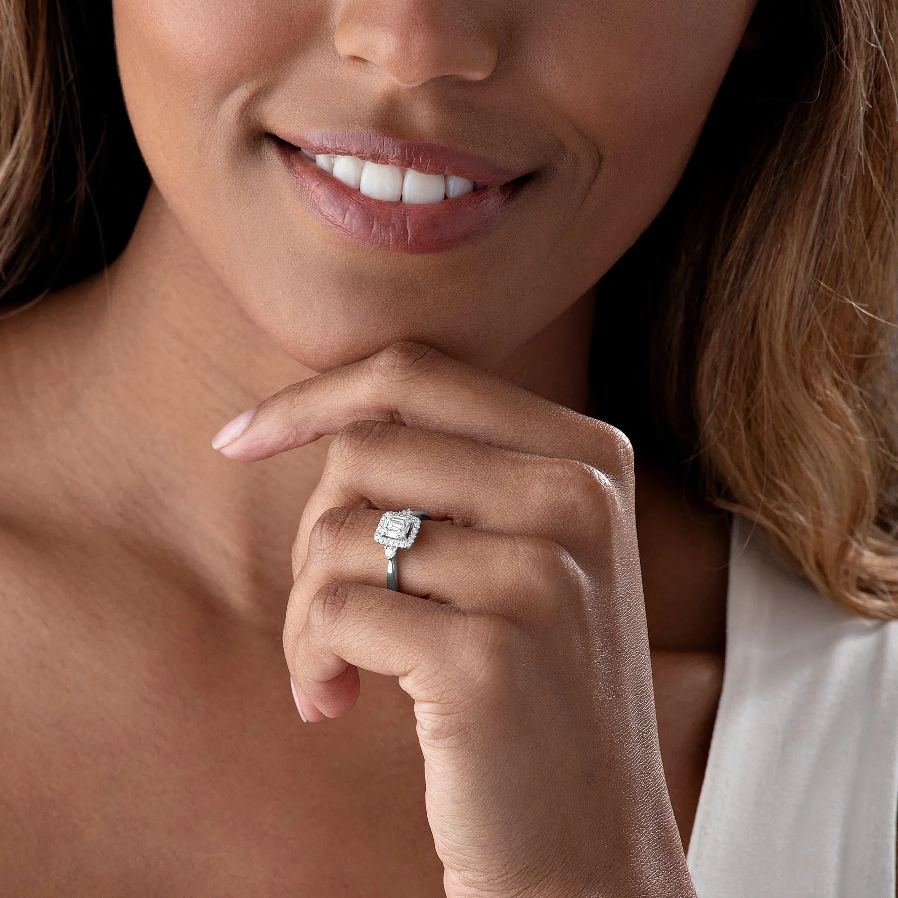 Beaverbrooks 18ct White Gold Diamond Cluster Three Stone Ring