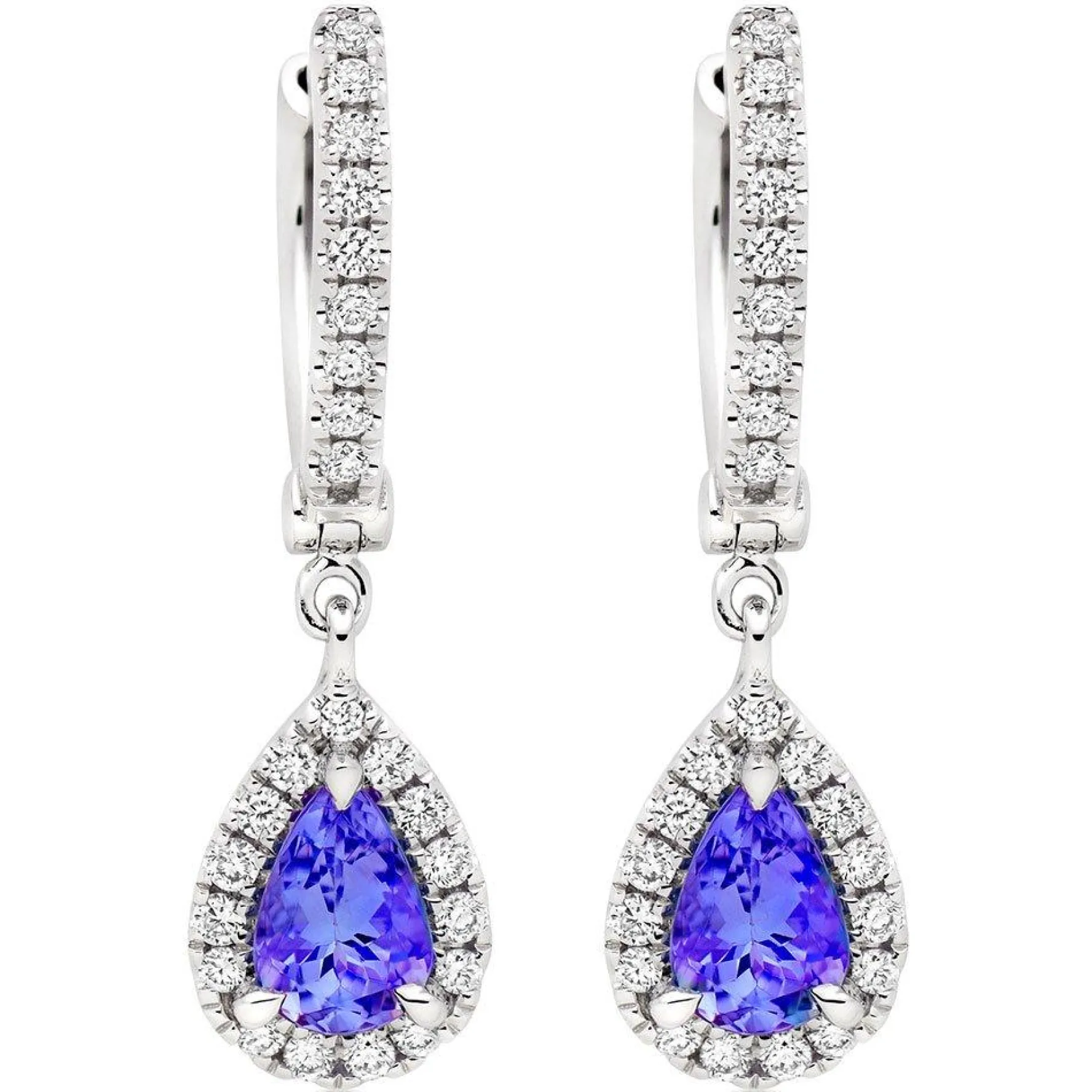 Beaverbrooks 18ct White Gold Diamond Tanzanite Pear Shaped Halo Drop Earrings