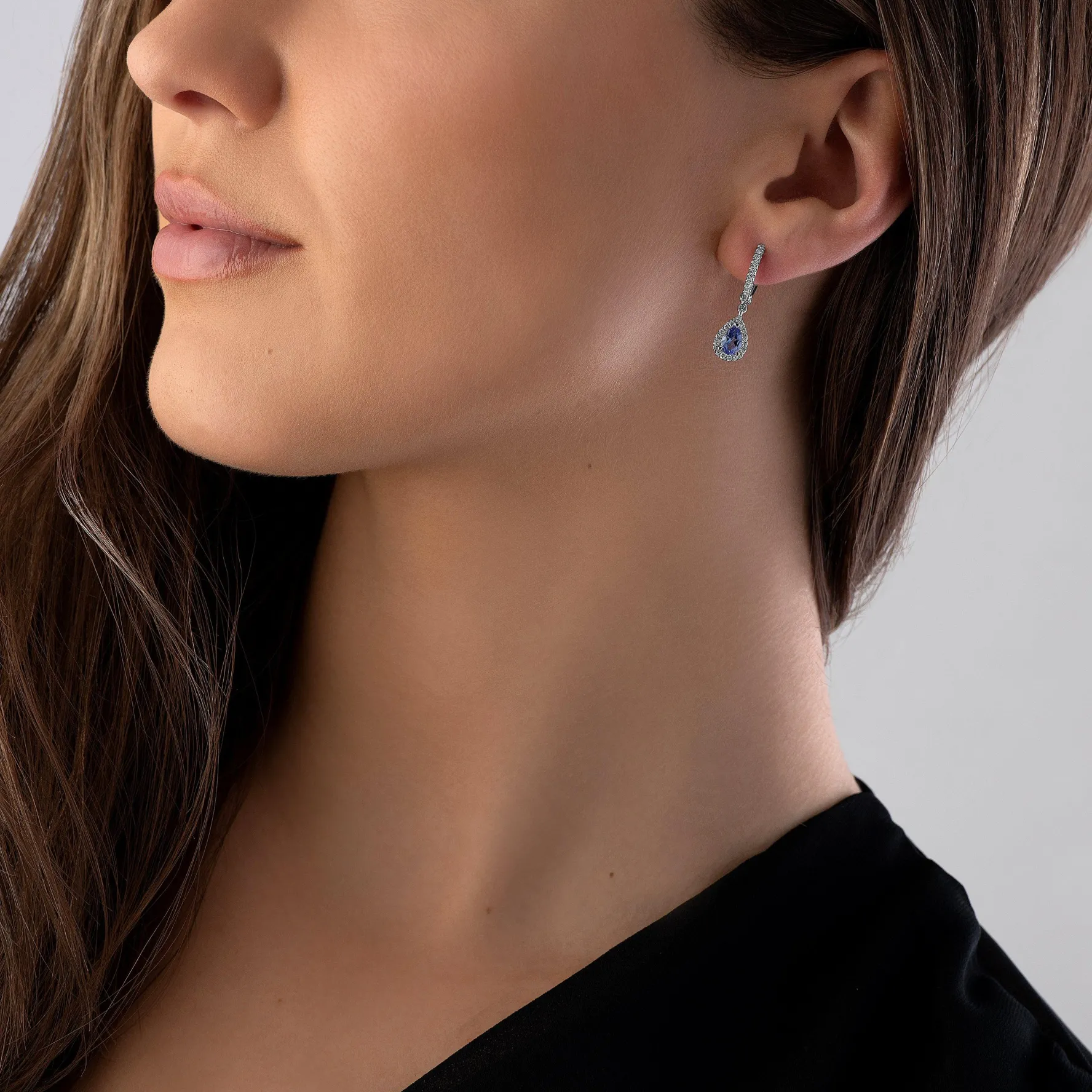 Beaverbrooks 18ct White Gold Diamond Tanzanite Pear Shaped Halo Drop Earrings