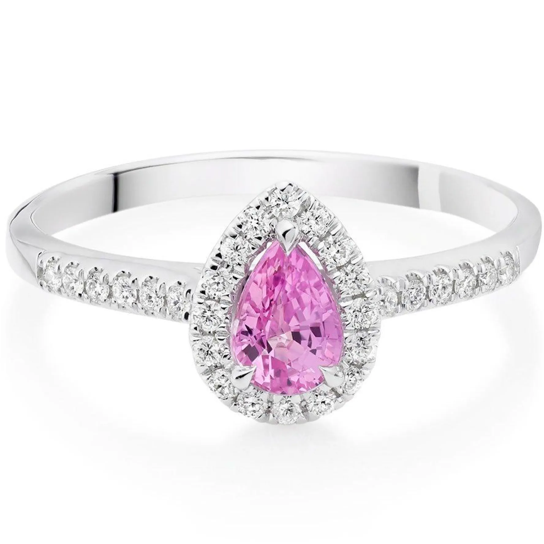 Beaverbrooks 18ct White Gold Diamond Pink Sapphire Pear Shaped Halo Ring