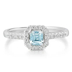 Beaverbrooks 18ct White Gold Diamond Aquamarine Halo Engagement Ring