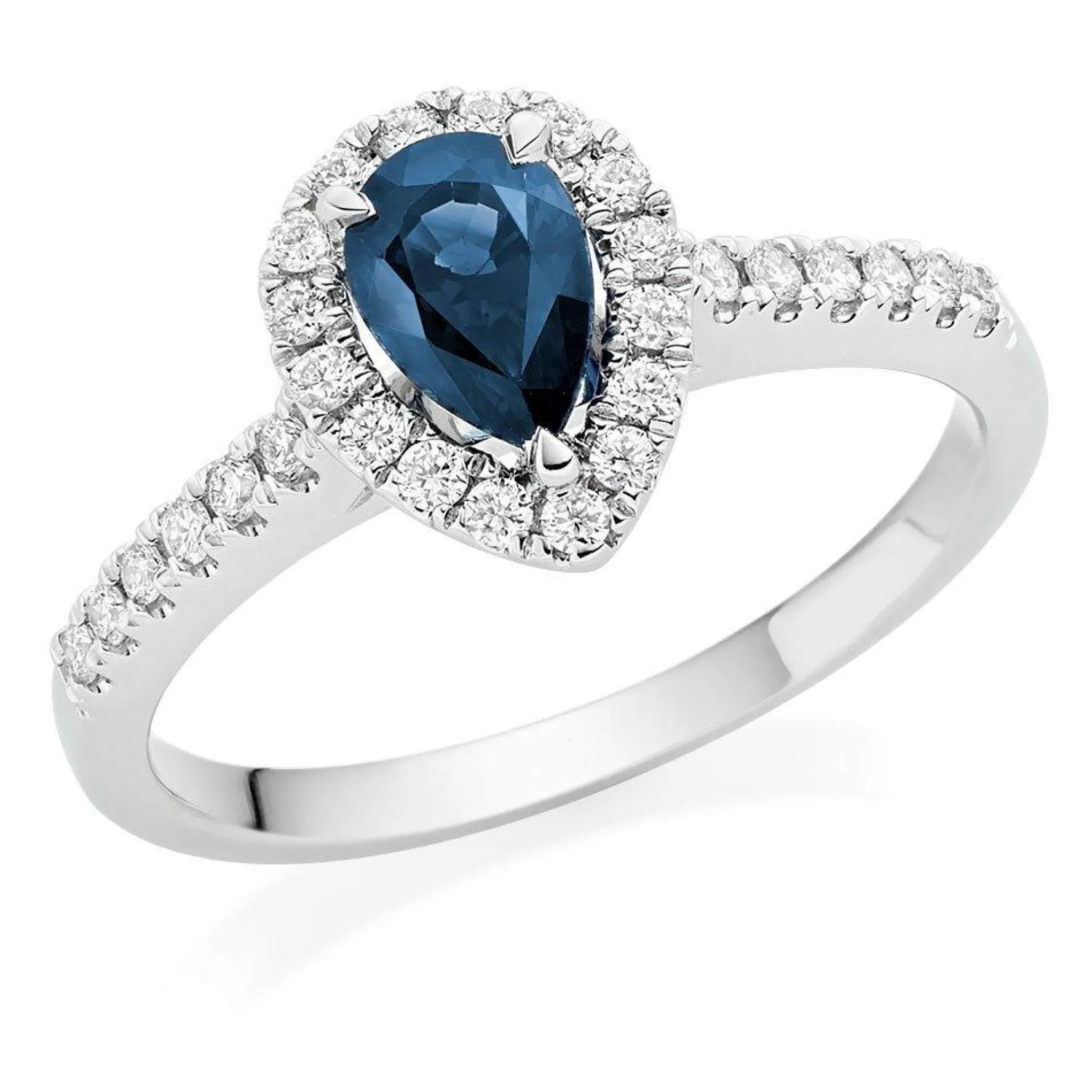 Beaverbrooks 18ct White Gold Diamond Sapphire Pear Shaped Halo Ring