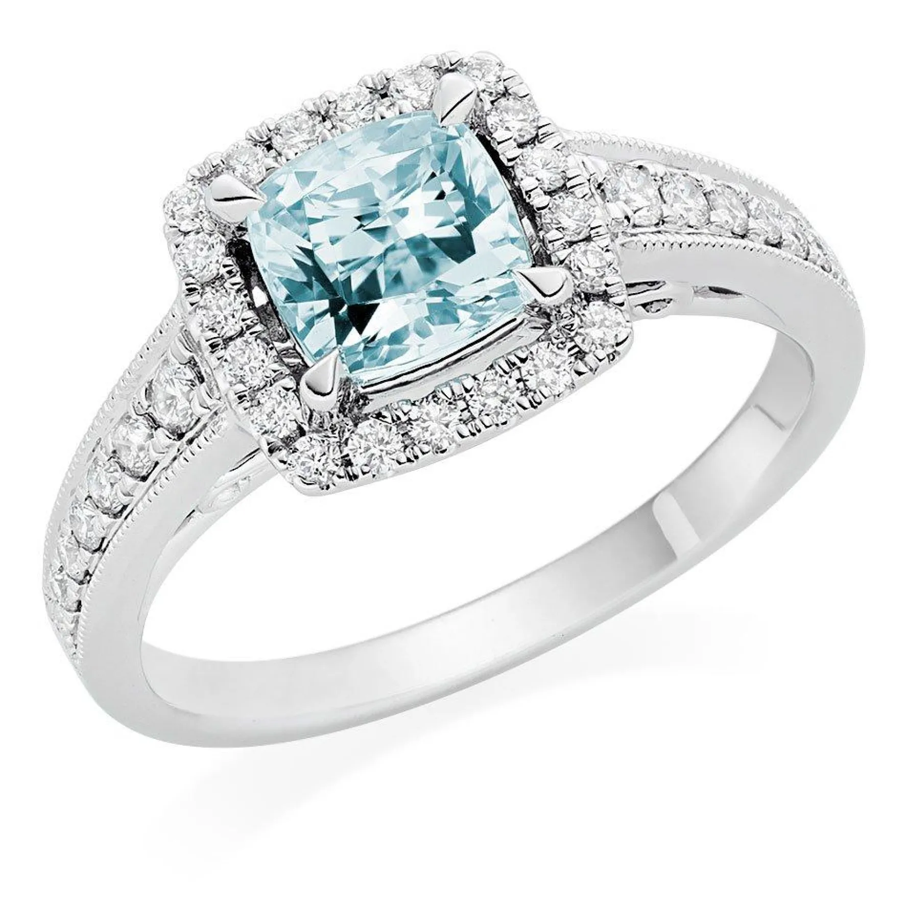 Beaverbrooks 18ct White Gold Diamond Aquamarine Halo Ring