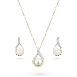 Beaverbrooks 9ct Yellow Gold Diamond Freshwater Cultured Pearl Necklace and Earrings Set