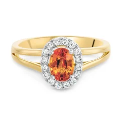 Beaverbrooks 18ct Yellow Gold Diamond Orange Sapphire Halo Engagement Ring