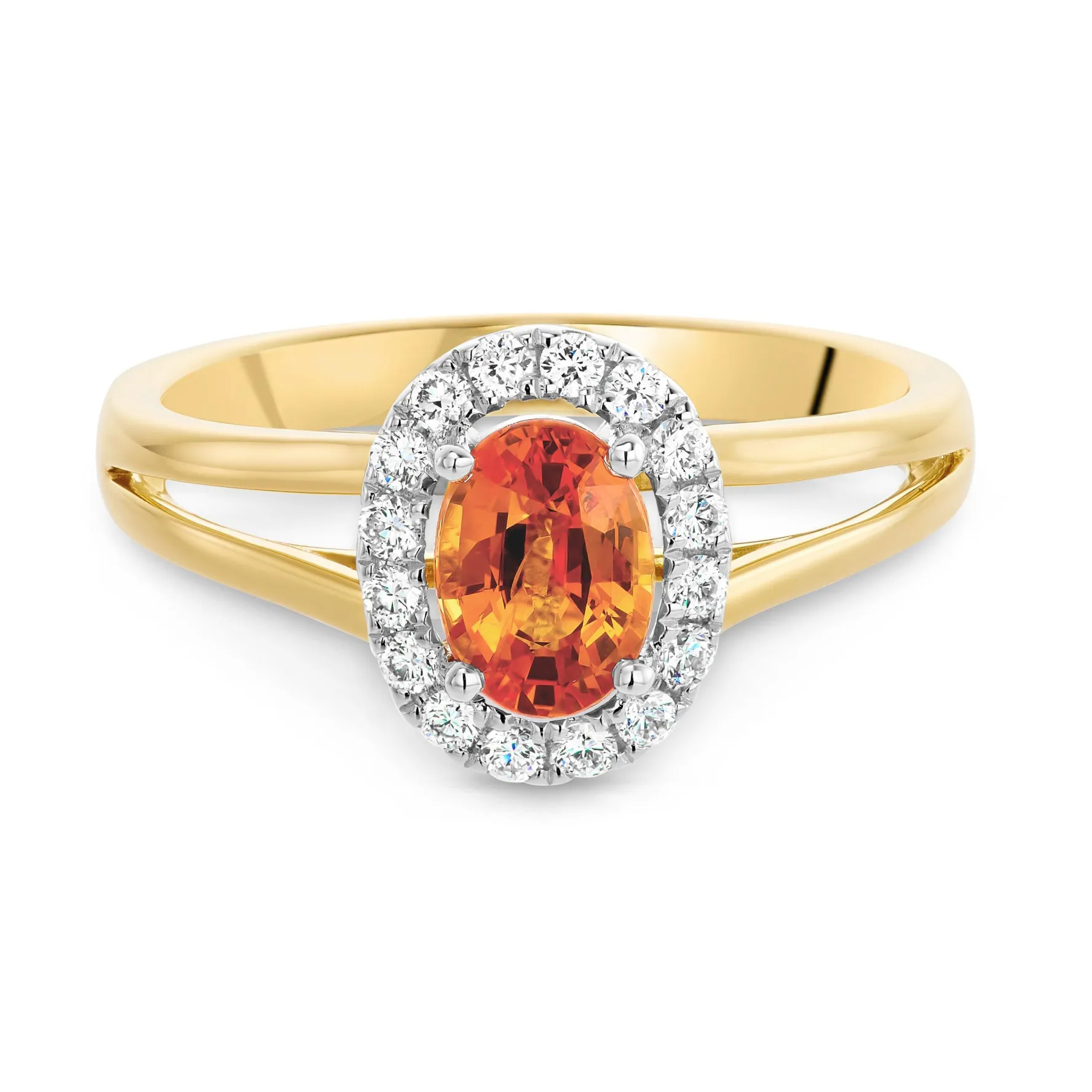 Beaverbrooks 18ct Yellow Gold Diamond Orange Sapphire Halo Engagement Ring