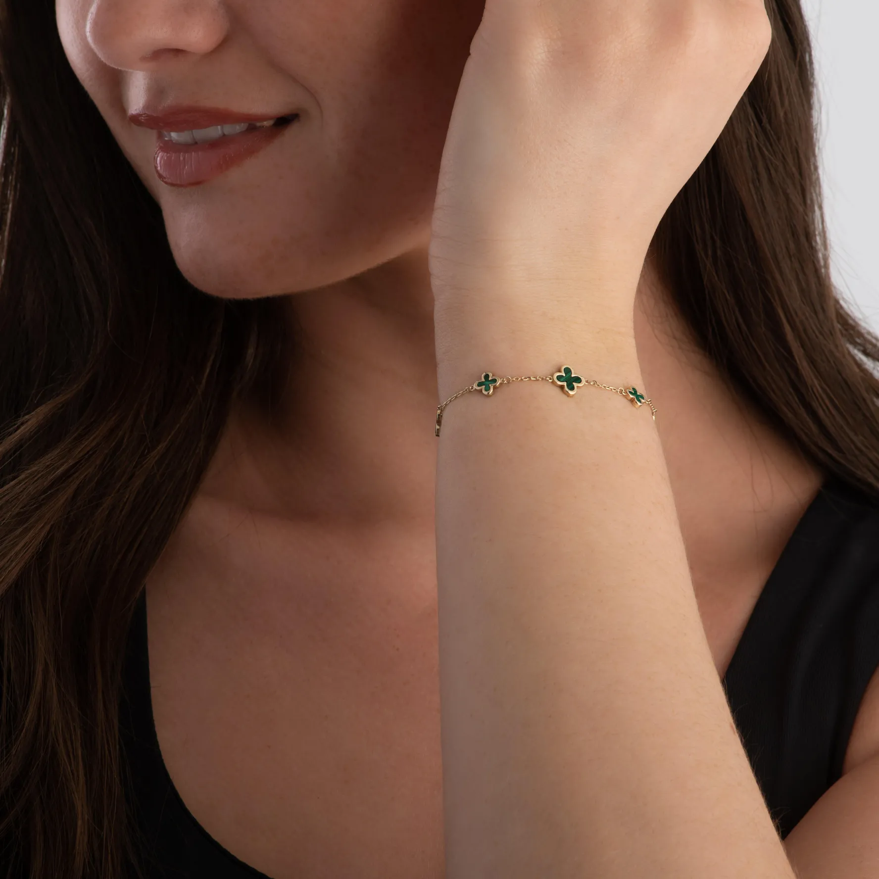 Beaverbrooks 9ct Yellow Gold Malachite Clover Bracelet