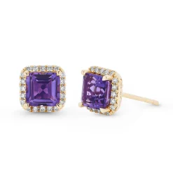Beaverbrooks 9ct Yellow Gold Diamond Amethyst Stud Earrings