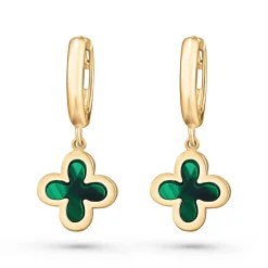 Beaverbrooks 9ct Yellow Gold Malachite Clover Huggie Earrings