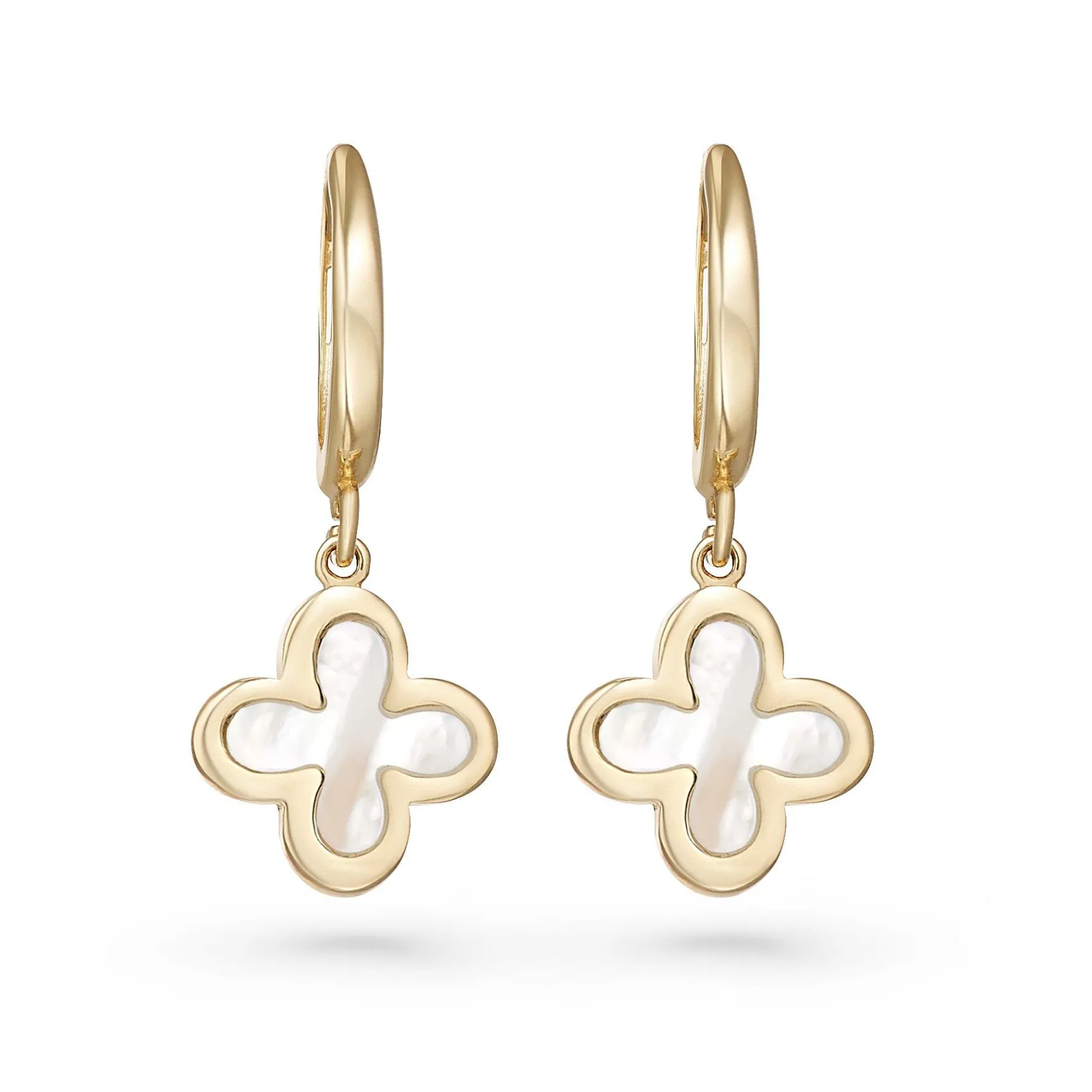 Beaverbrooks 9ct Yellow Gold Mother of Pearl Clover Huggie Hoop Earrings