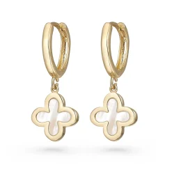 Beaverbrooks 9ct Yellow Gold Mother of Pearl Clover Huggie Hoop Earrings
