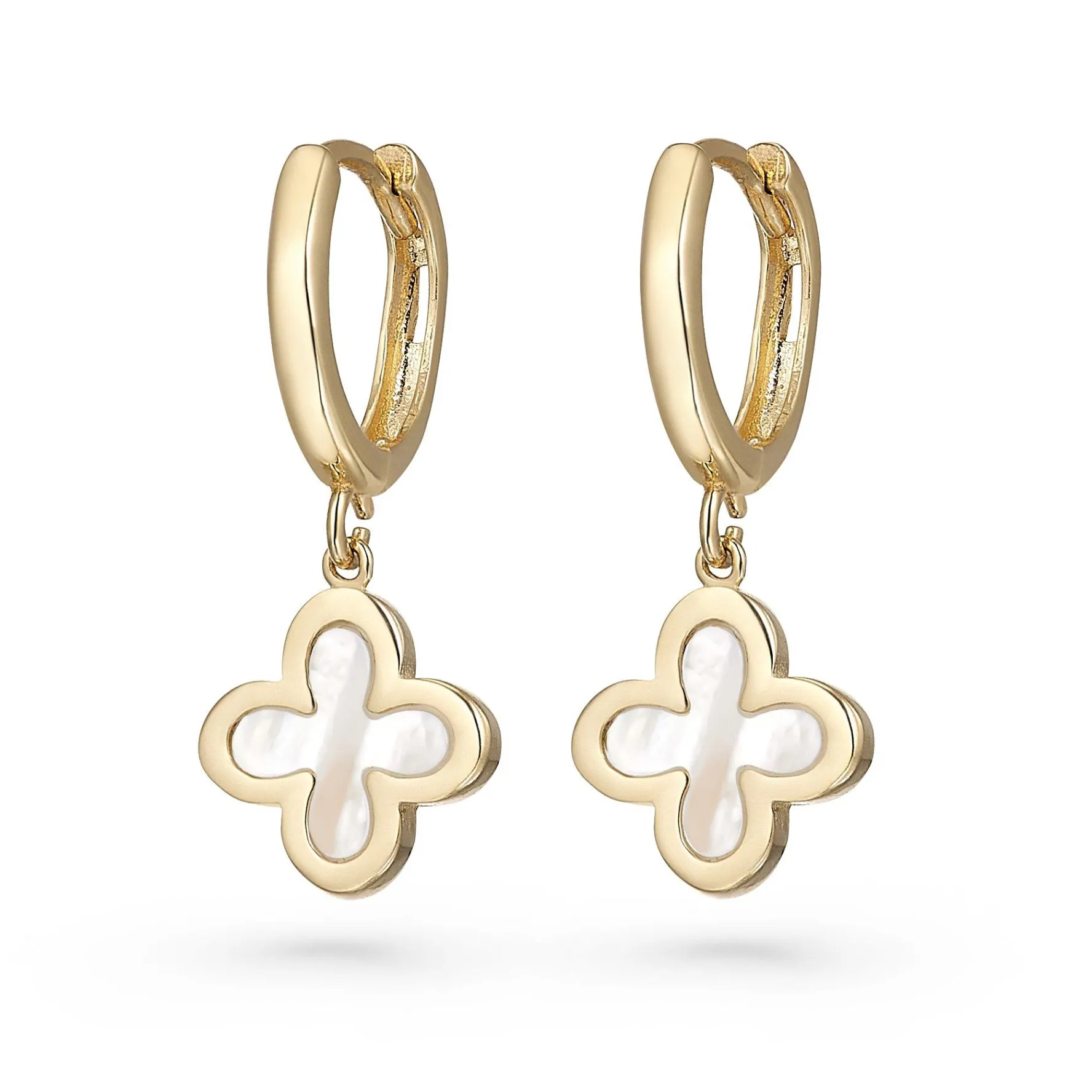 Beaverbrooks 9ct Yellow Gold Mother of Pearl Clover Huggie Hoop Earrings