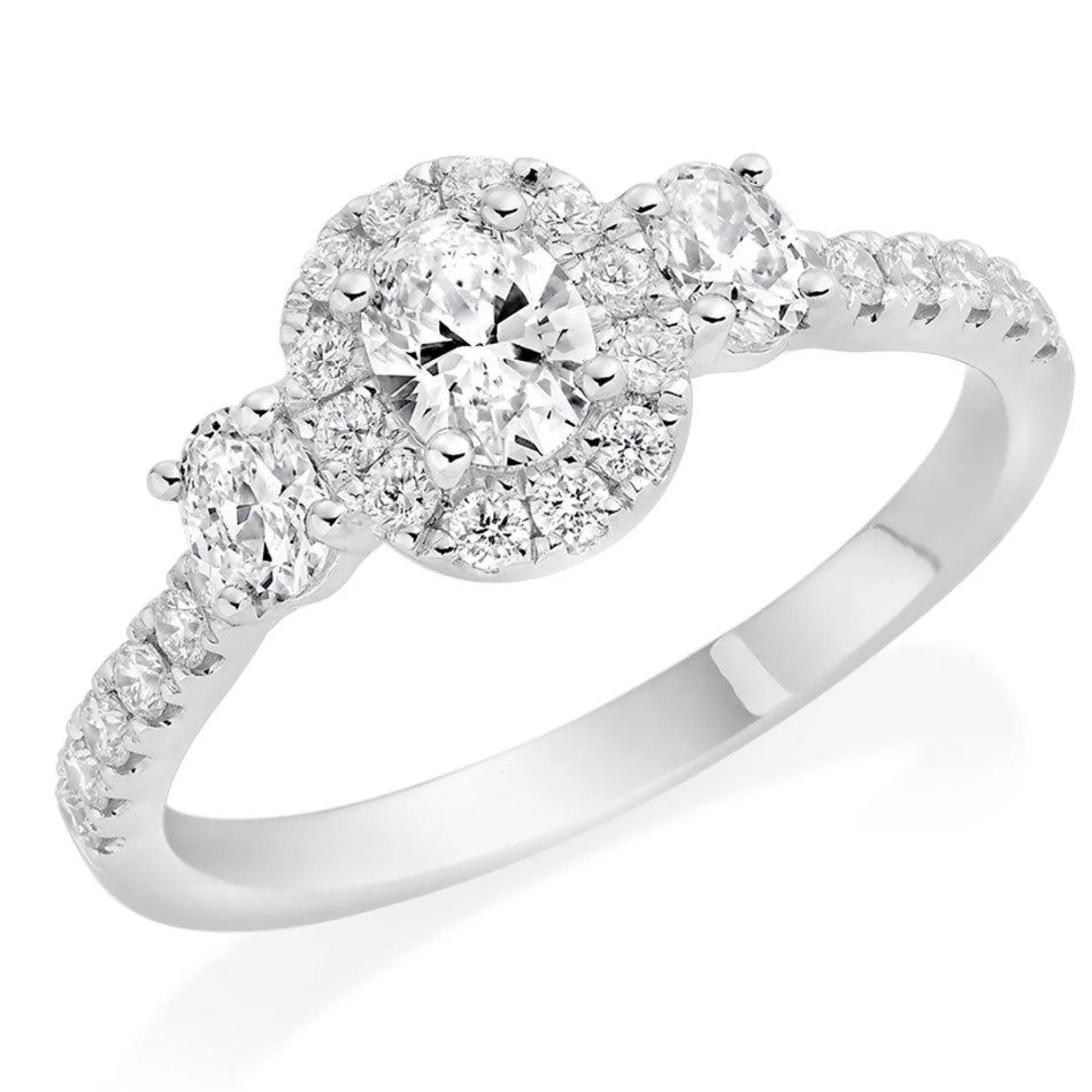 Beaverbrooks Platinum Diamond Oval Cut Halo Three Stone Ring