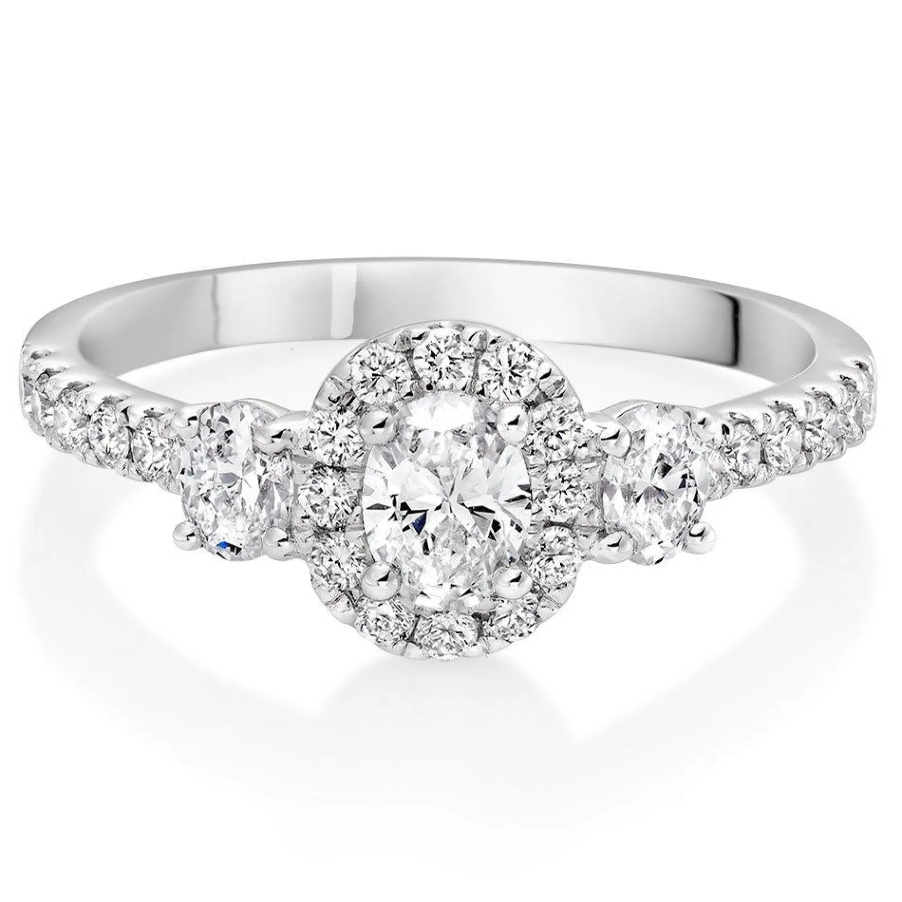 Beaverbrooks Platinum Diamond Oval Cut Halo Three Stone Ring