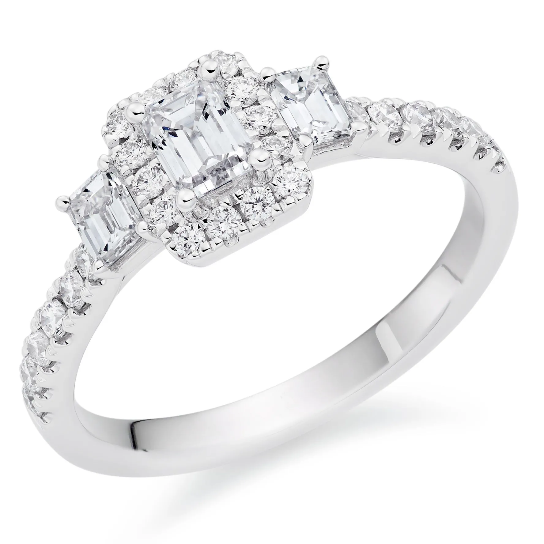 Beaverbrooks Platinum Diamond Emerald Cut Three Stone Halo Ring