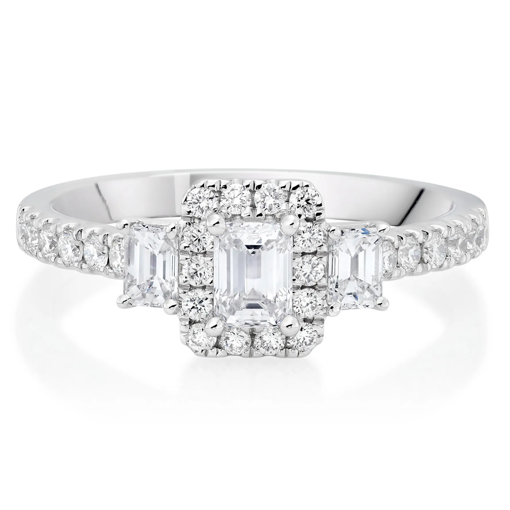 Beaverbrooks Platinum Diamond Emerald Cut Three Stone Halo Ring