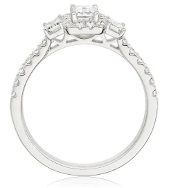 Beaverbrooks Platinum Diamond Emerald Cut Three Stone Halo Ring