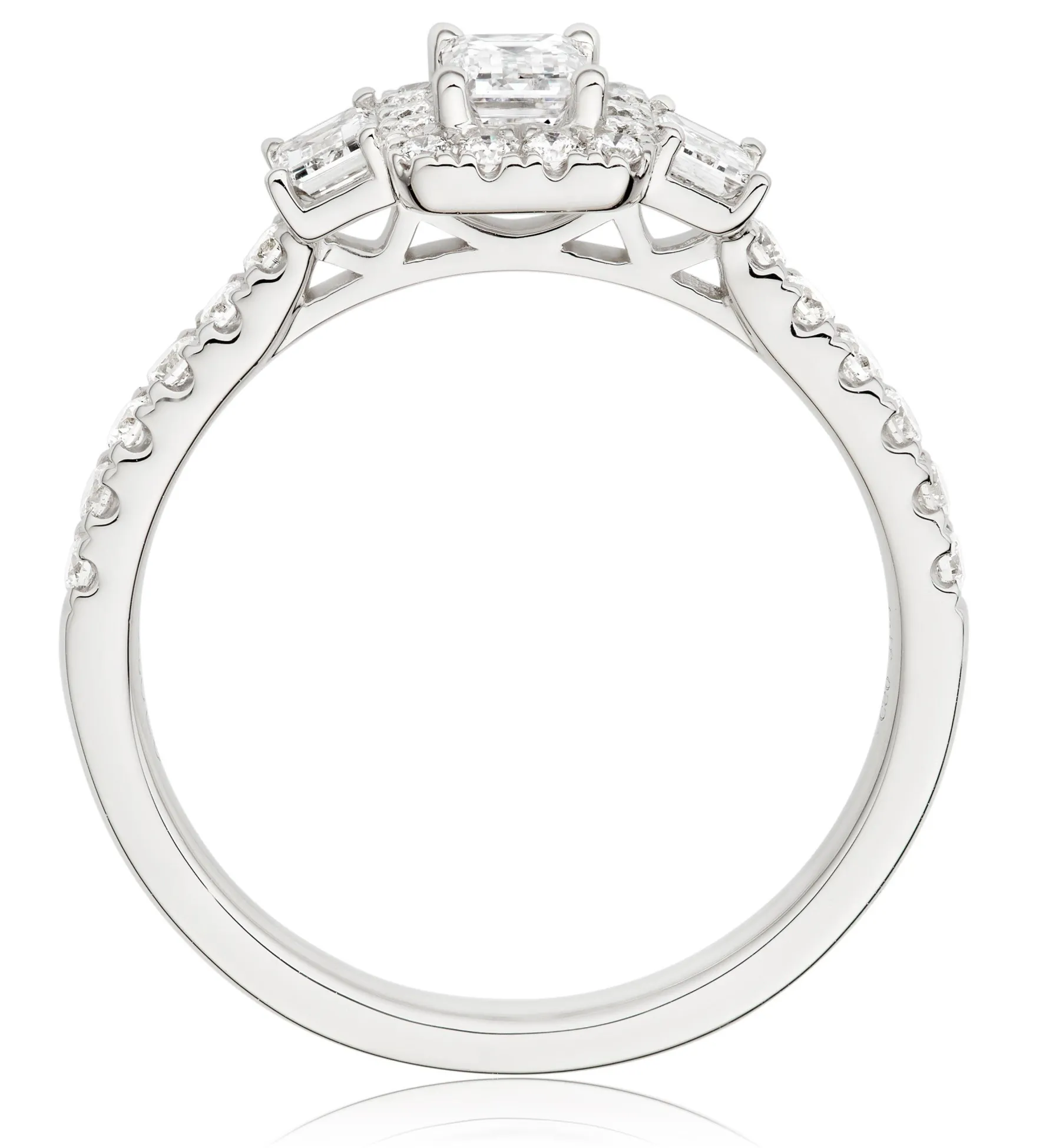 Beaverbrooks Platinum Diamond Emerald Cut Three Stone Halo Ring