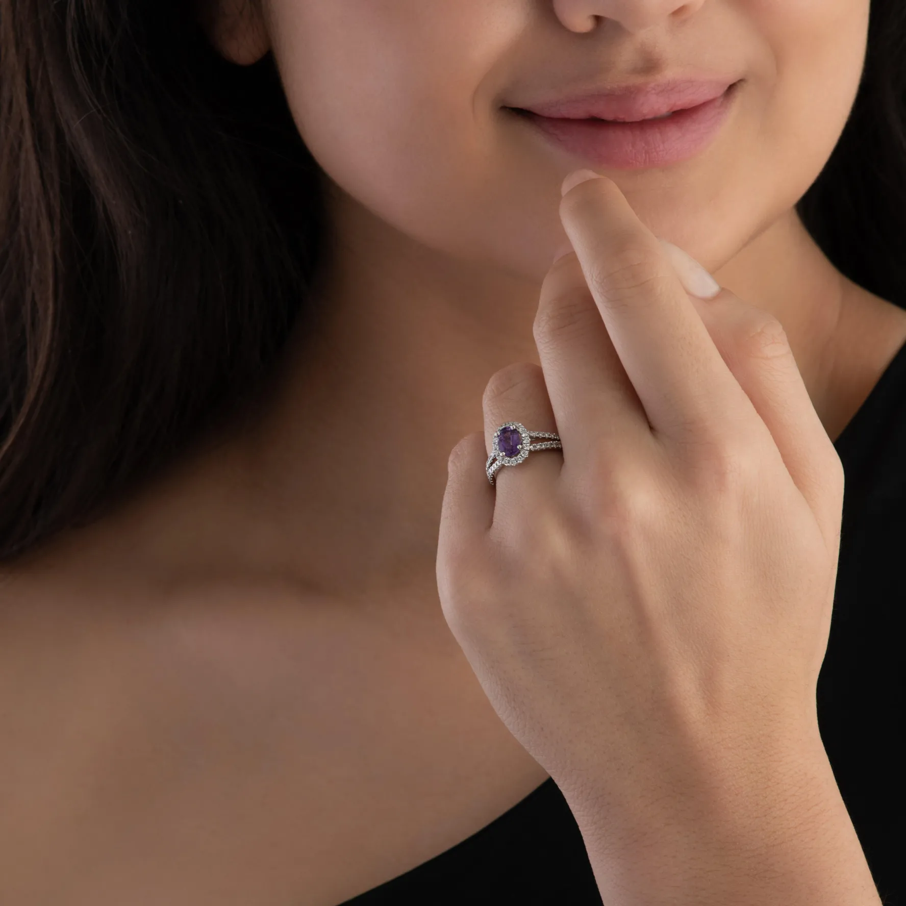 Beaverbrooks Platinum Diamond Amethyst Halo Engagement Ring