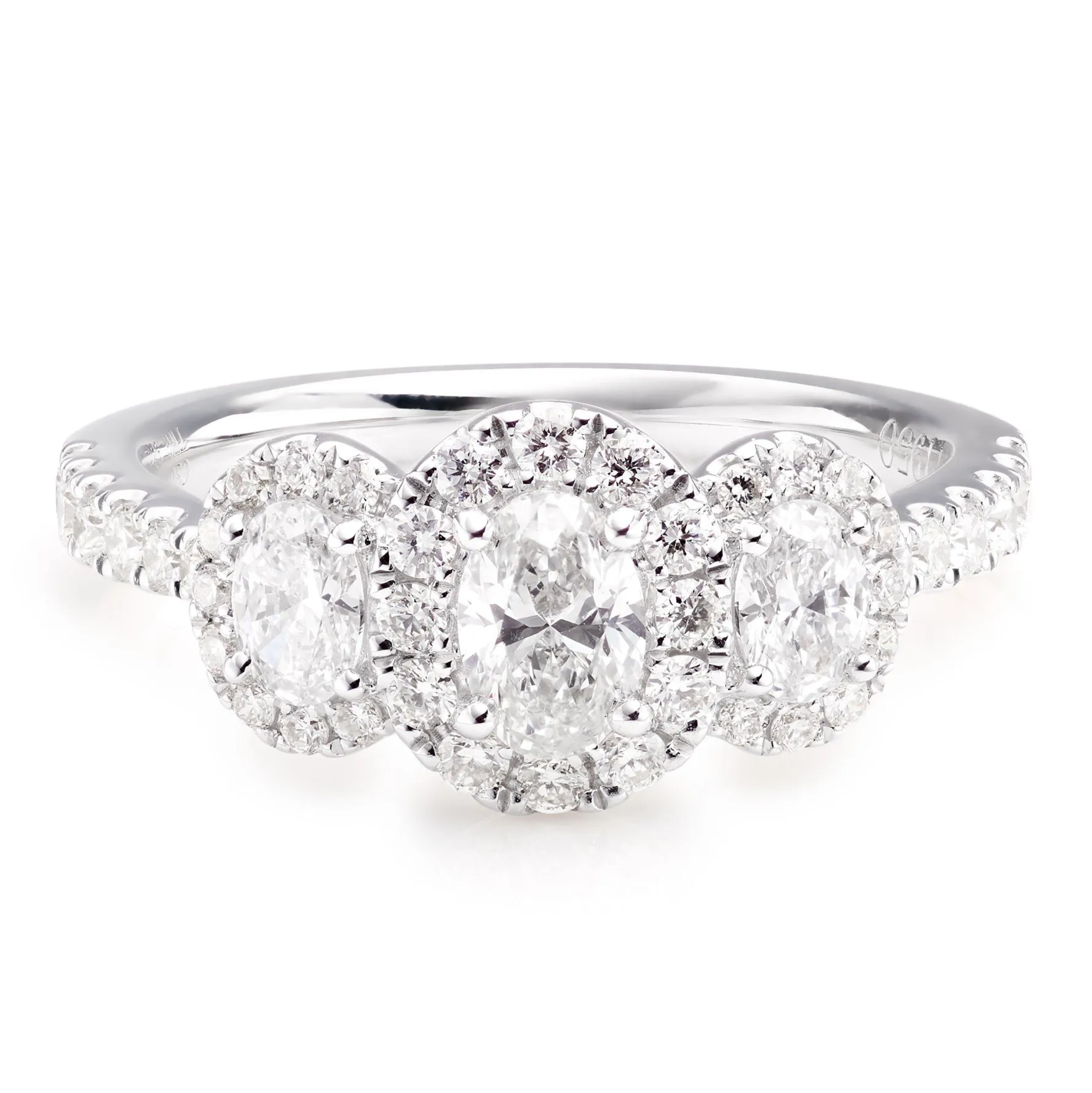 Beaverbrooks Platinum Diamond Three Stone Halo Ring