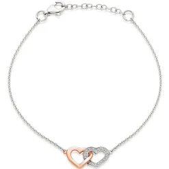 Beaverbrooks Silver and Rose Gold Plated Cubic Zirconia Double Heart Bracelet