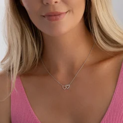 Beaverbrooks Silver and Rose Gold Plated Cubic Zirconia Double Heart Necklace