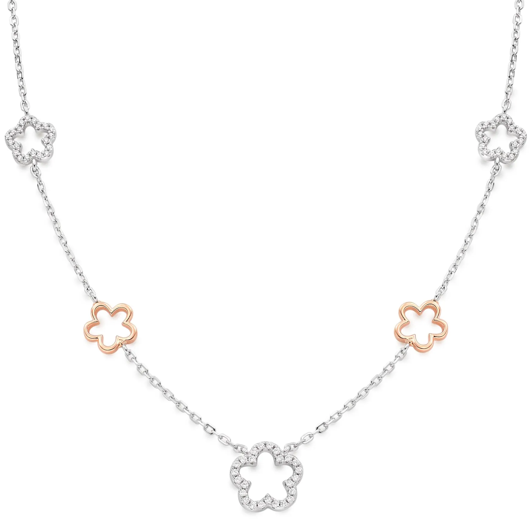 Beaverbrooks Silver and Rose Gold Plated Cubic Zirconia Flower Necklace