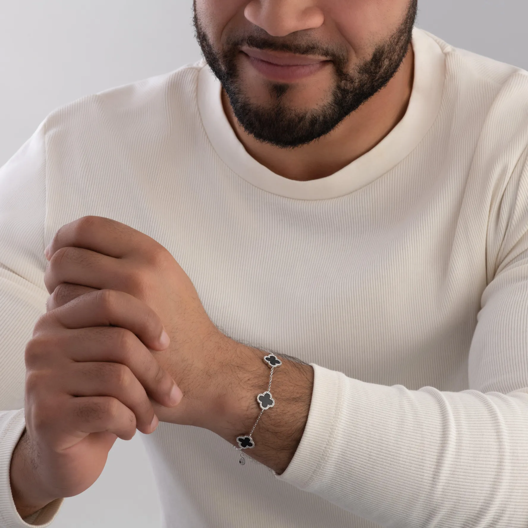 Beaverbrooks Silver Black Onyx Clover Men’s Bracelet