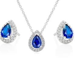 Beaverbrooks Silver Blue Cubic Zirconia Halo Pendant Set