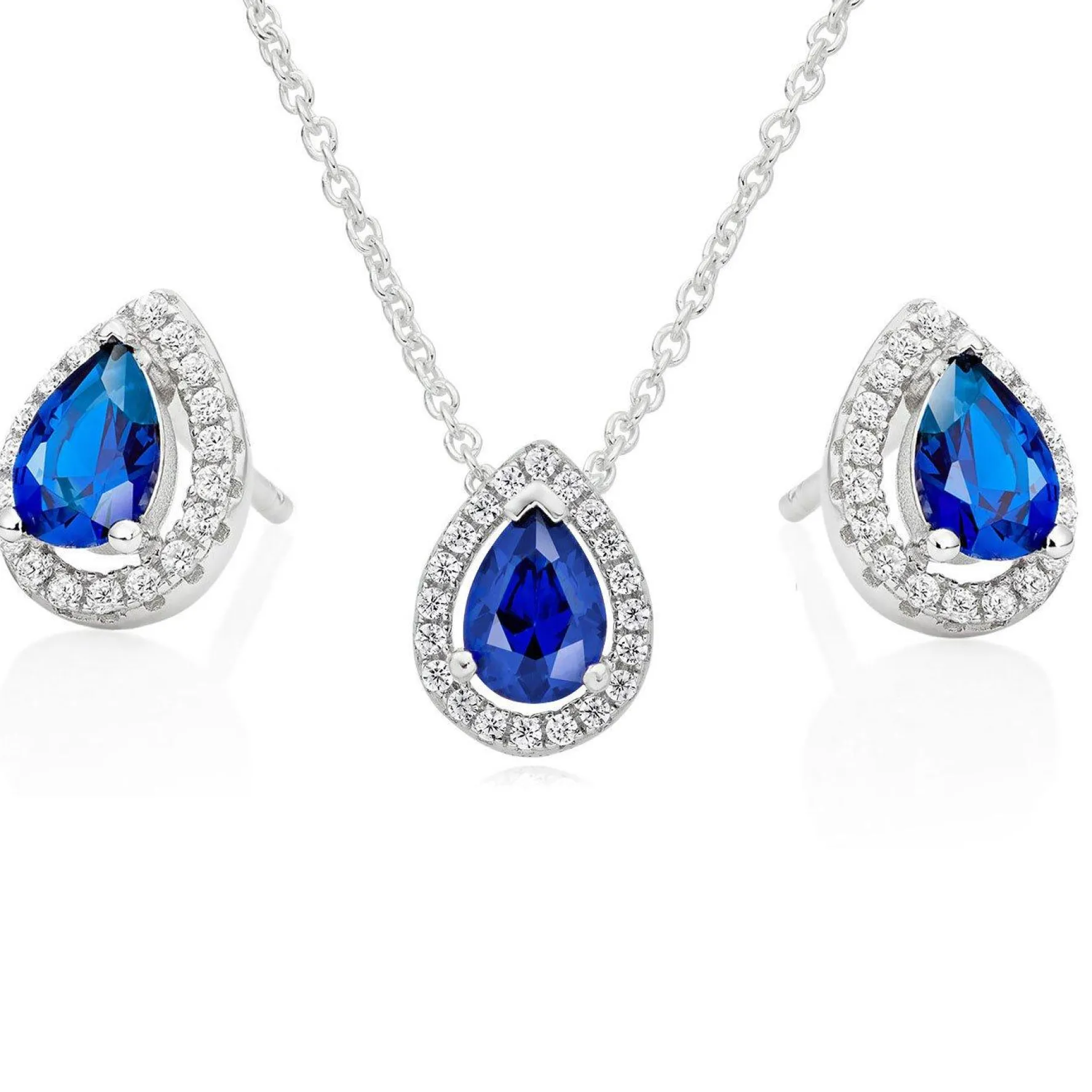 Beaverbrooks Silver Blue Cubic Zirconia Halo Pendant Set