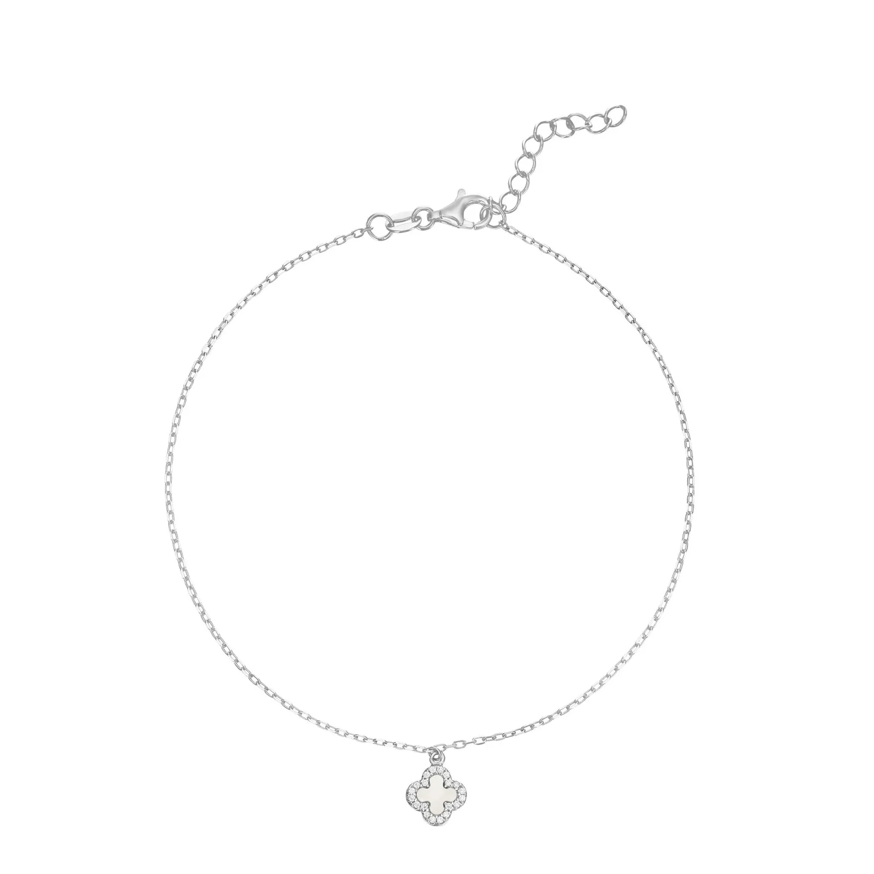 Beaverbrooks Silver Cubic Zirconia and Mother of Pearl Clover Anklet