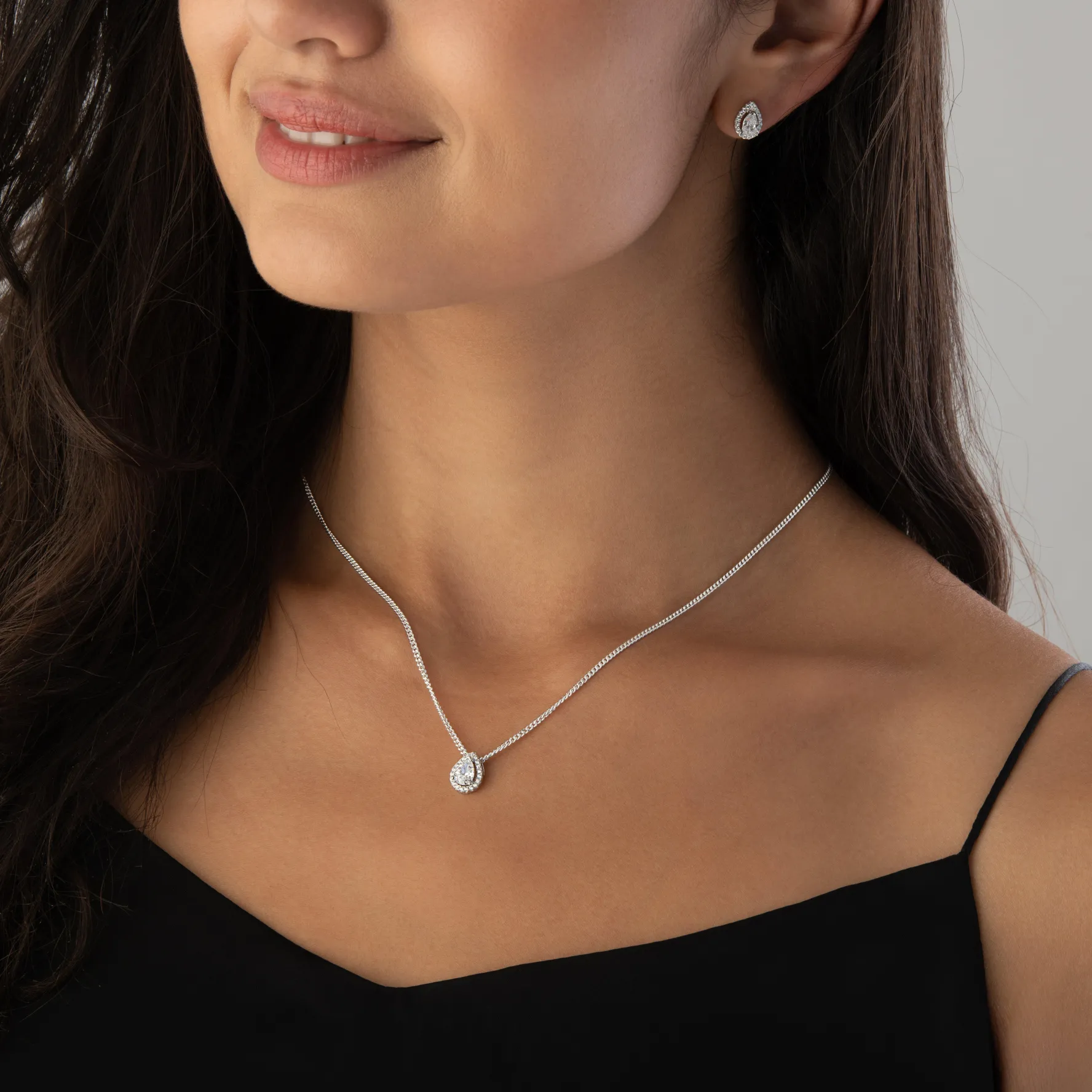 Beaverbrooks Silver Cubic Zirconia Pear Shaped Halo Pendant and Earrings Set