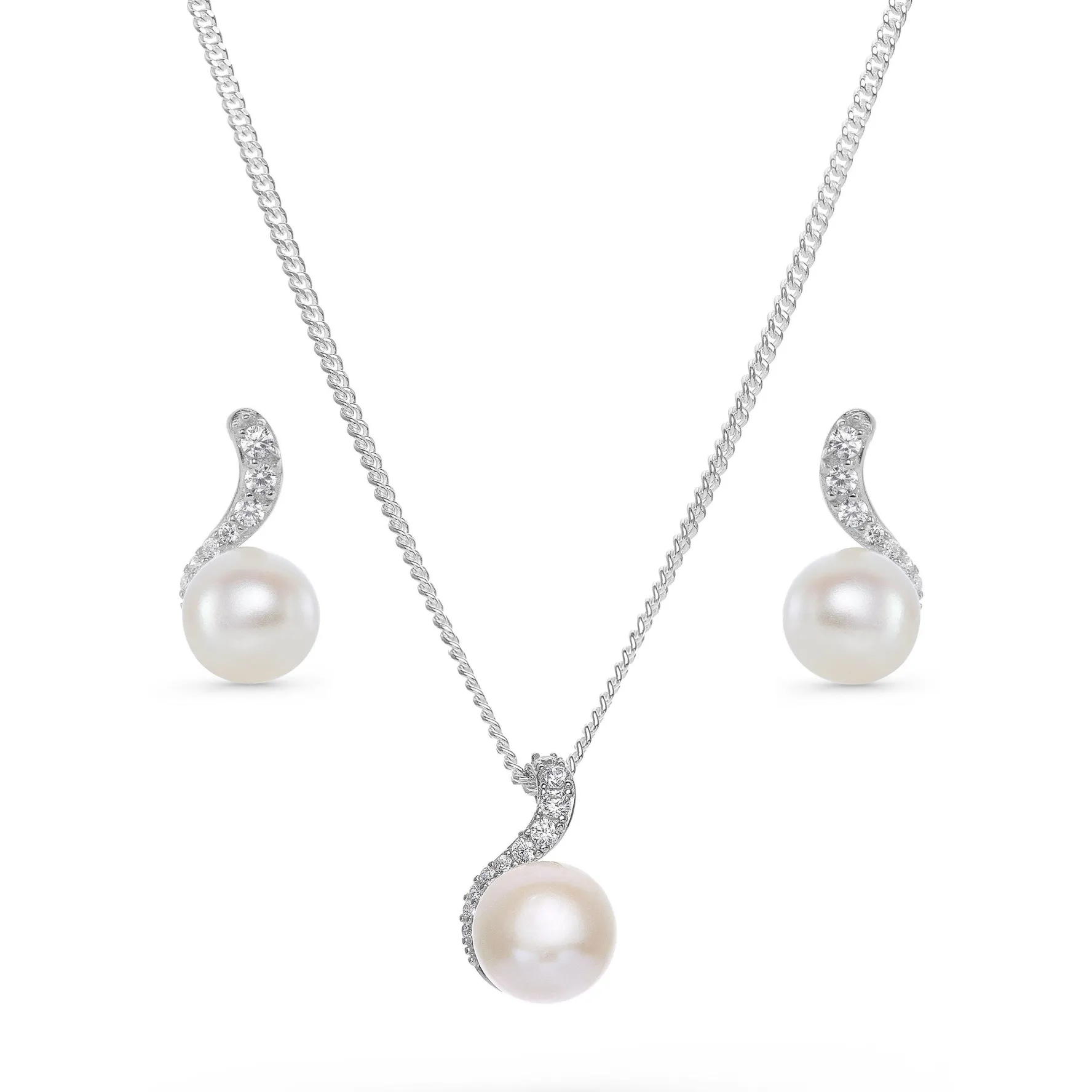 Beaverbrooks Silver Cubic Zirconia Freshwater Cultured Pearl Pendant and Earrings Set