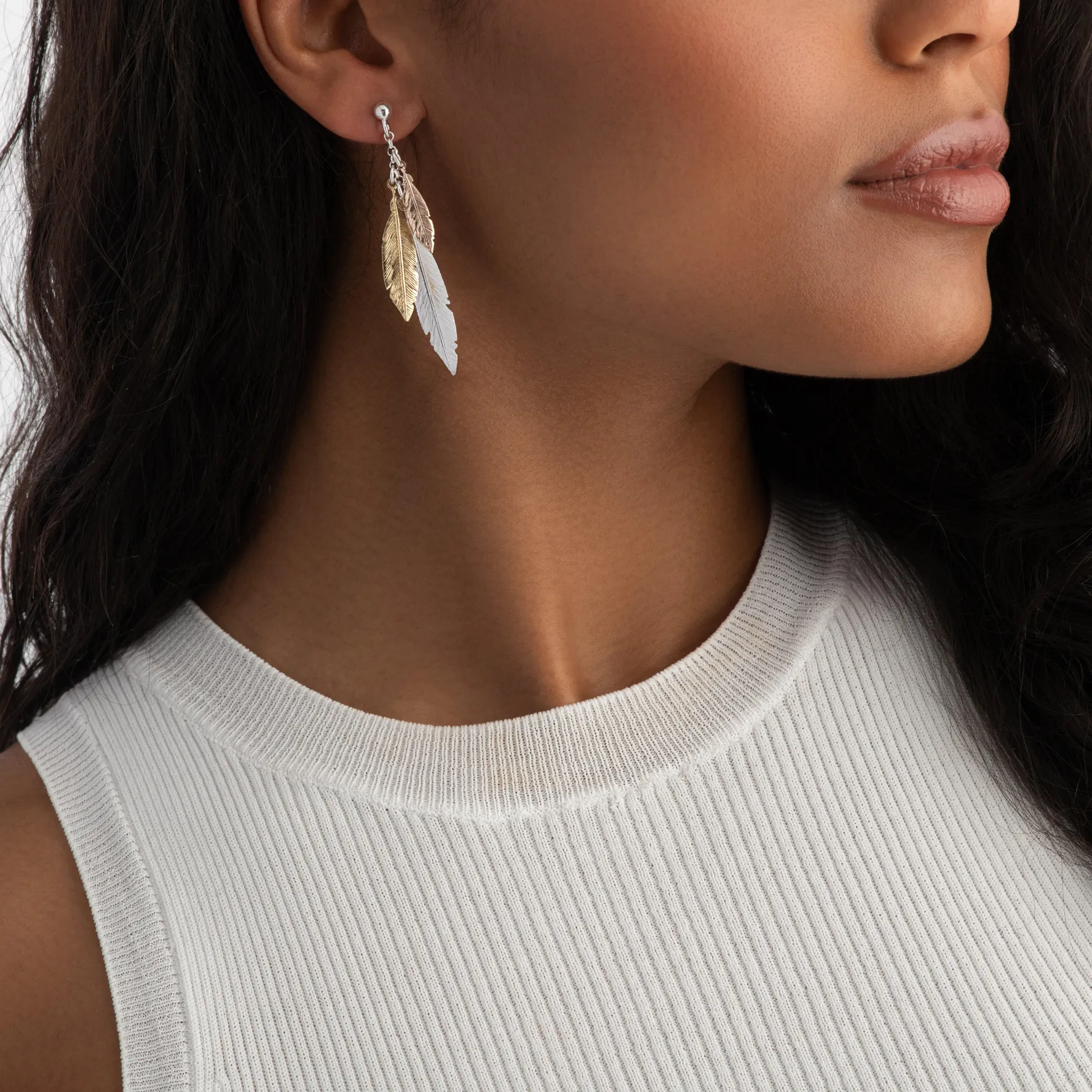 Beaverbrooks Silver, Rose Gold Plated and Gold Plated Feather Drop Earrings