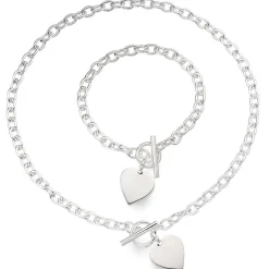 Beaverbrooks Silver T-Bar Heart Necklace and Bracelet Set