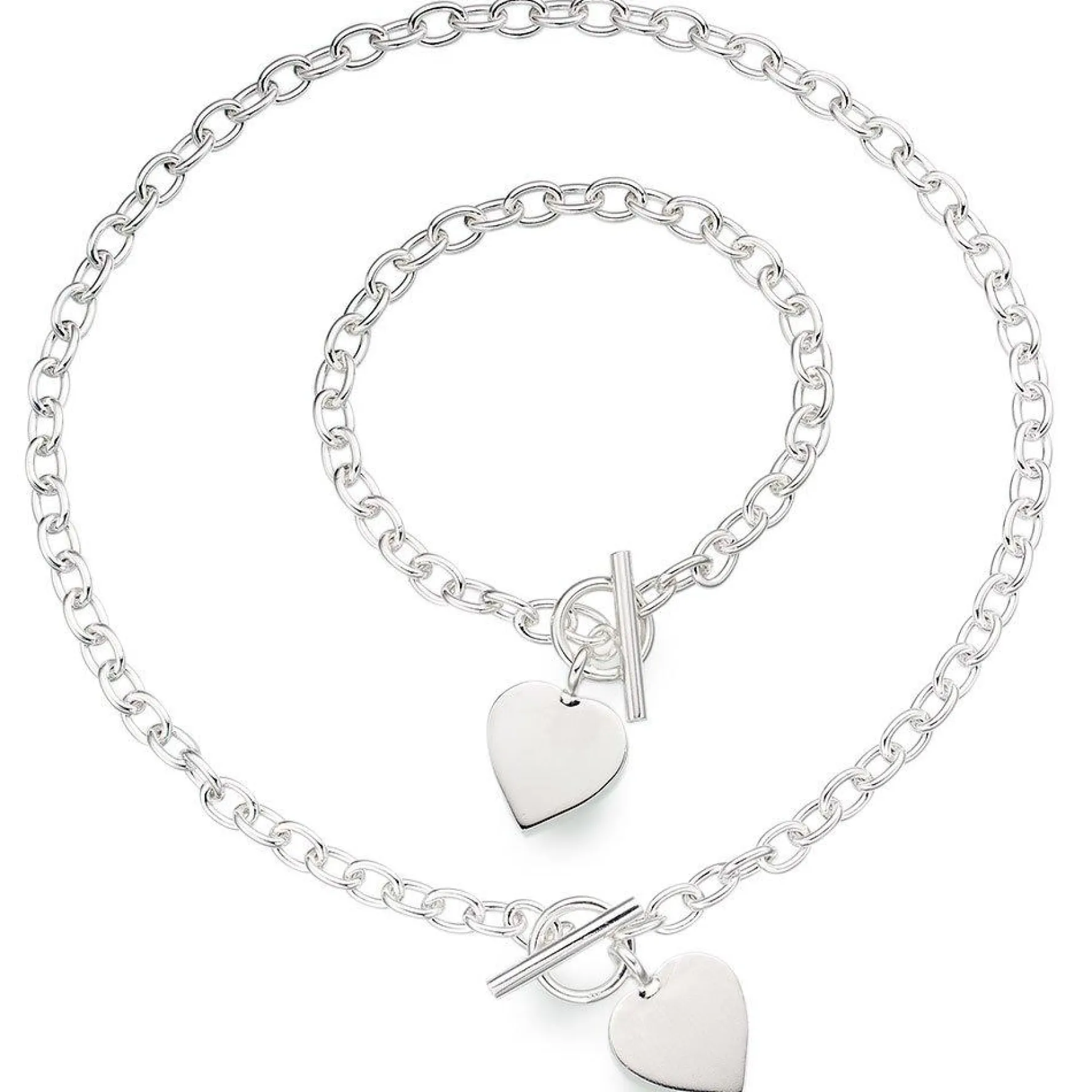 Beaverbrooks Silver T-Bar Heart Necklace and Bracelet Set