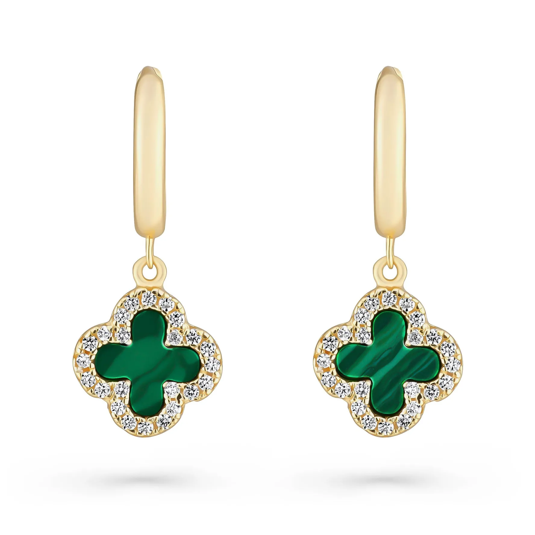 Beaverbrooks Yellow Gold Plated Cubic Zirconia Malachite Clover Huggie Hoop Earrings