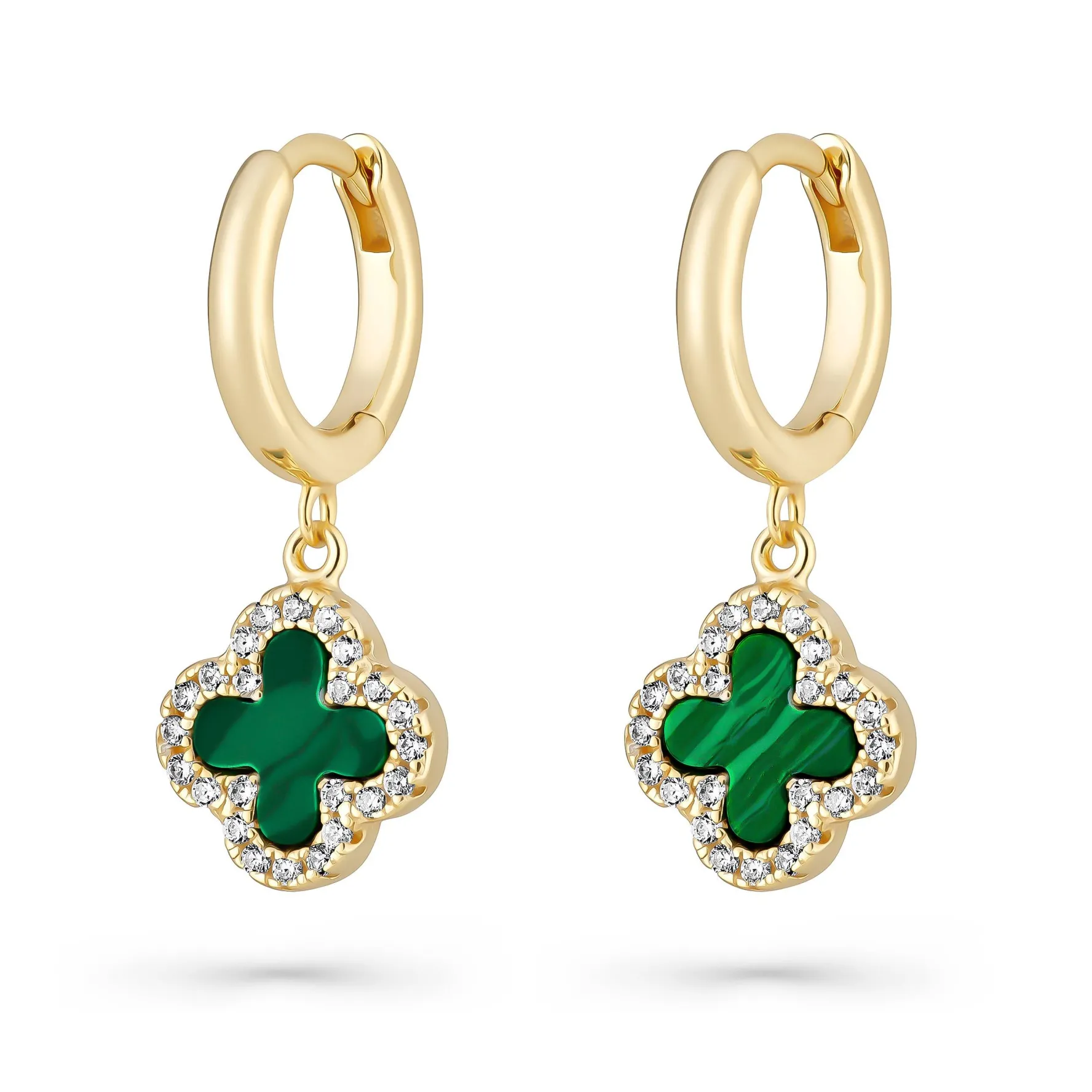 Beaverbrooks Yellow Gold Plated Cubic Zirconia Malachite Clover Huggie Hoop Earrings