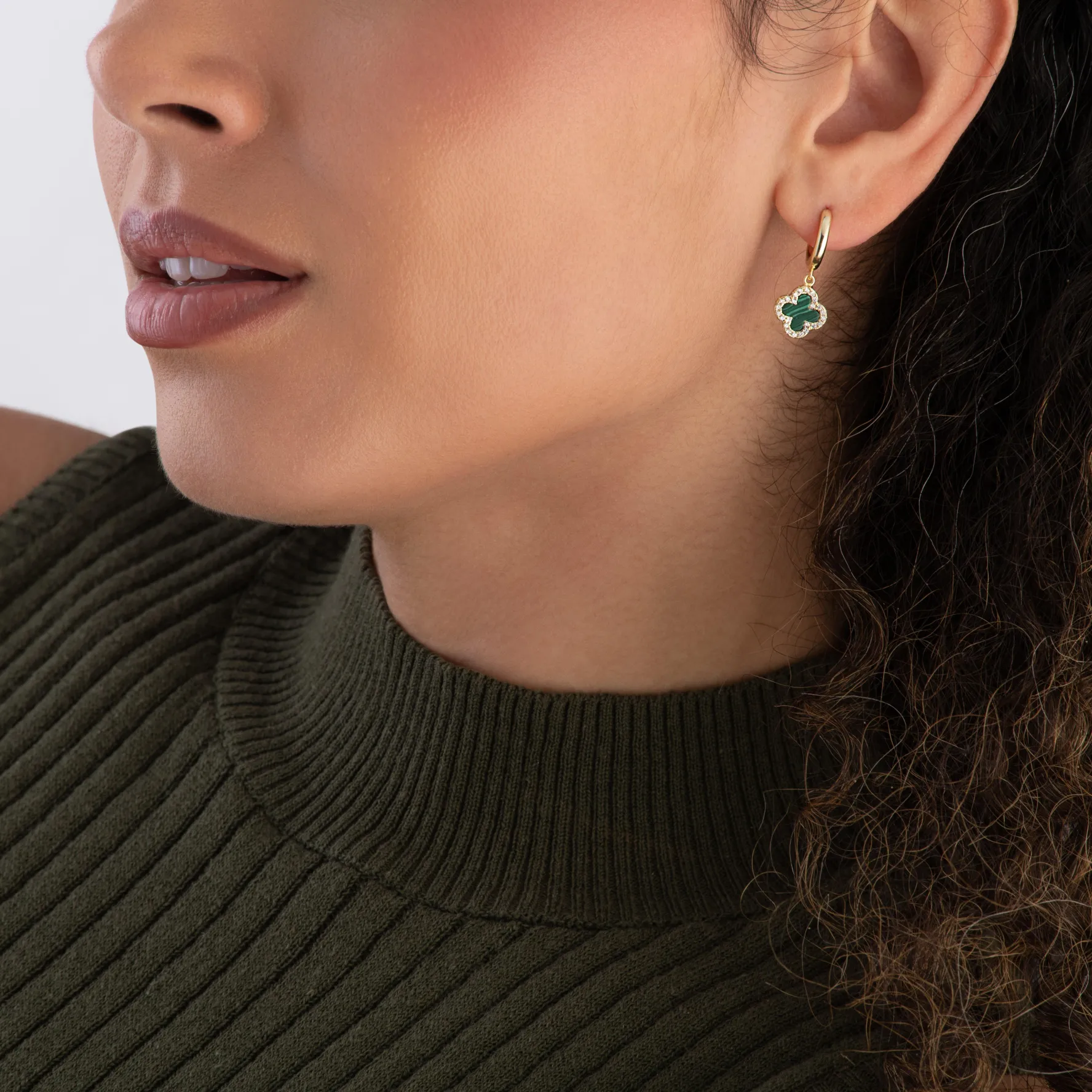 Beaverbrooks Yellow Gold Plated Cubic Zirconia Malachite Clover Huggie Hoop Earrings
