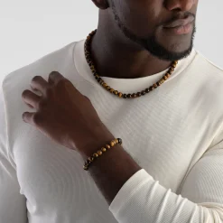 BOSS Devon Yellow Gold Plated Tiger’s Eye Men’s Necklace