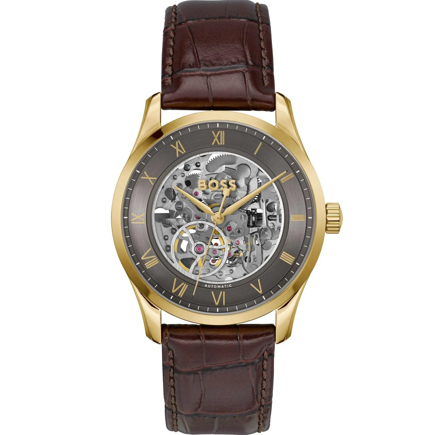 BOSS Principle 41mm Yellow Gold Tone Skeleton Automatic Men’s Watch