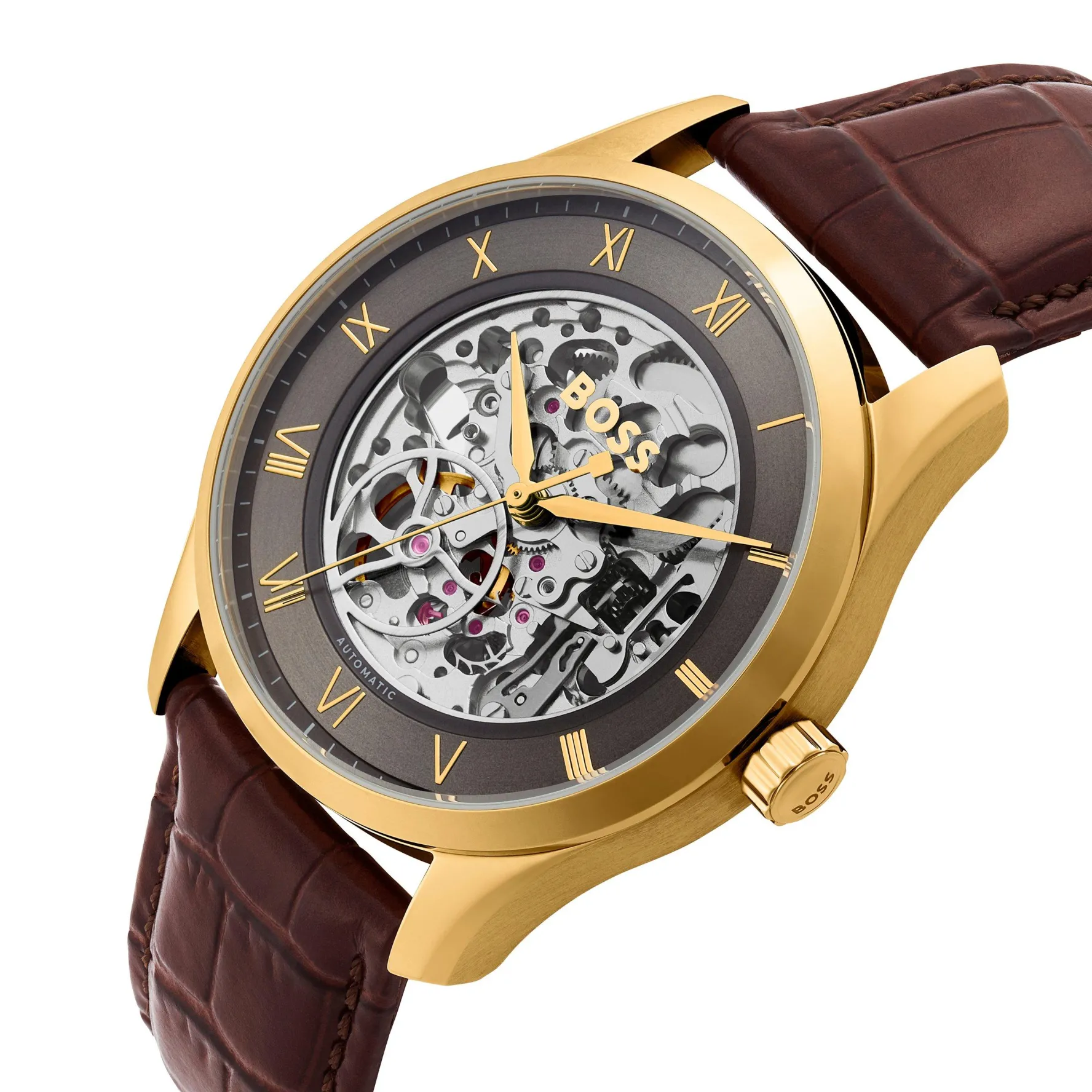 BOSS Principle 41mm Yellow Gold Tone Skeleton Automatic Men’s Watch