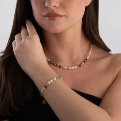Coeur De Lion Yellow Gold Tone Pearl and Tiger’s Eye Bracelet