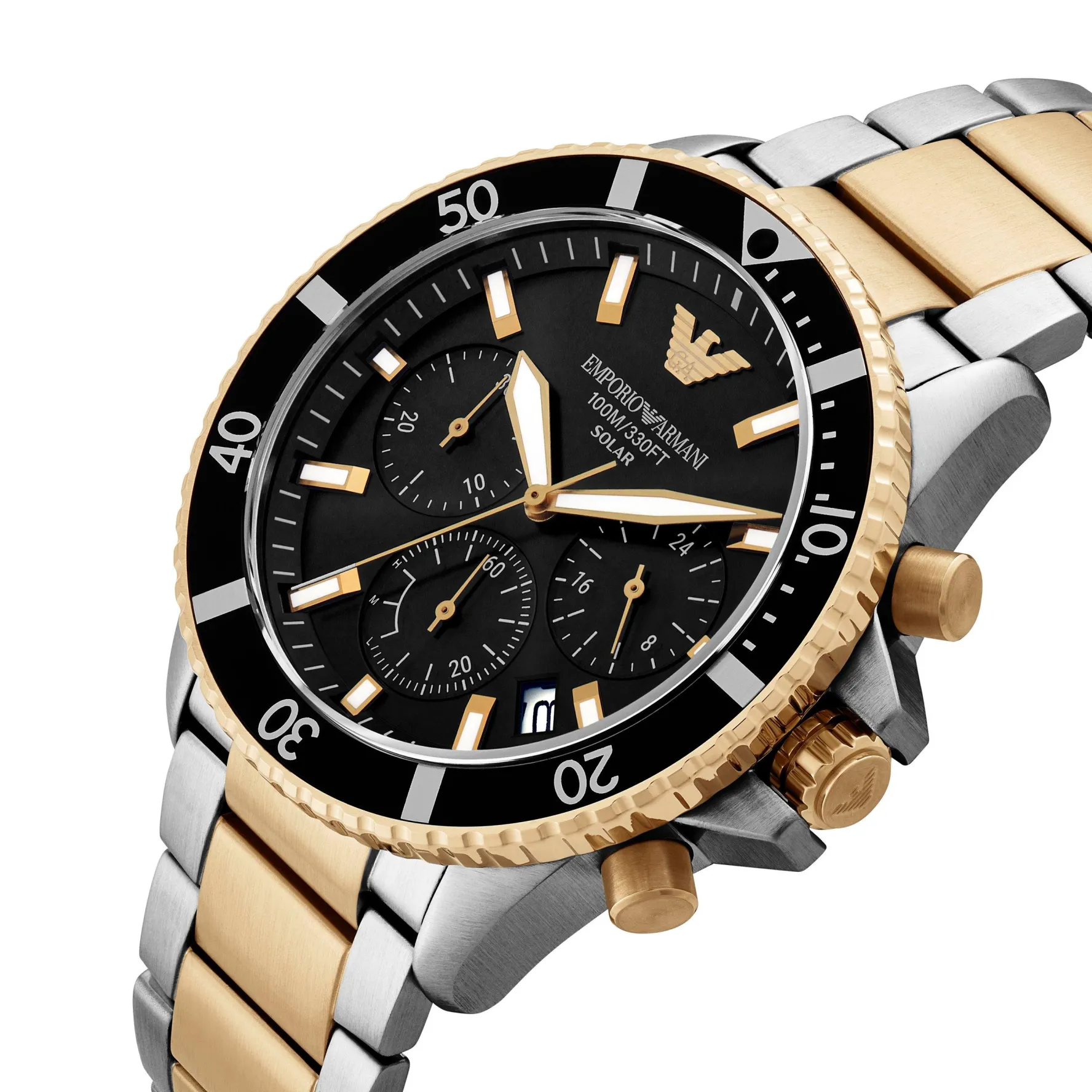 Emporio Armani World Explorer Solar 43.5mm Stainless Steel and Yellow Gold Tone Chronograph Men’s Watch