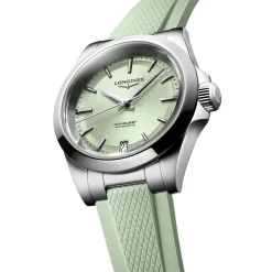 Longines Conquest 34mm Green Rubber Strap Automatic Ladies Watch