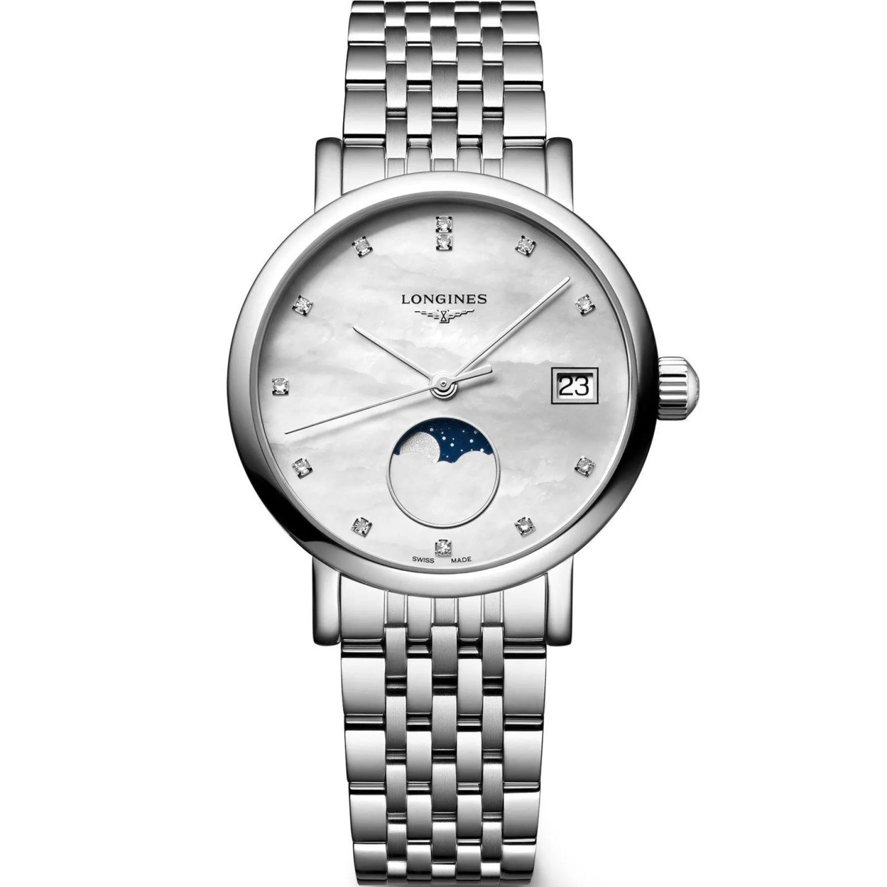 Longines Elegant Collection 30mm Diamond Mother of Pearl Moonphase Ladies Watch