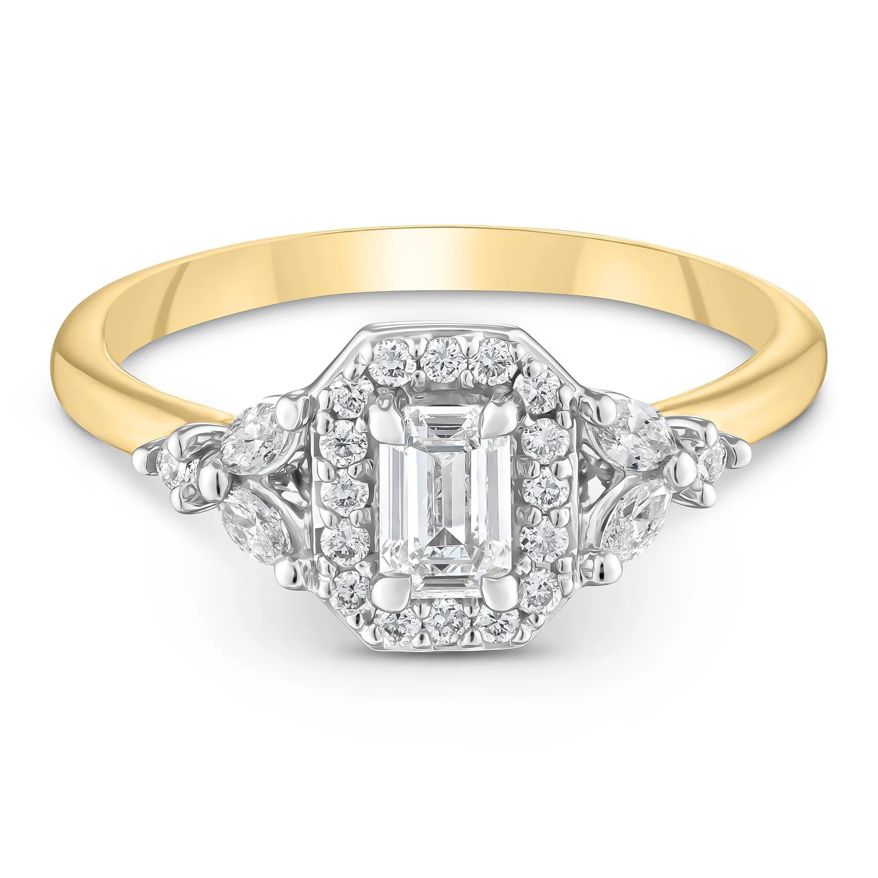 Maple Leaf Diamonds 18ct yellow Gold Diamond Emerald Cut Halo Engagement Ring