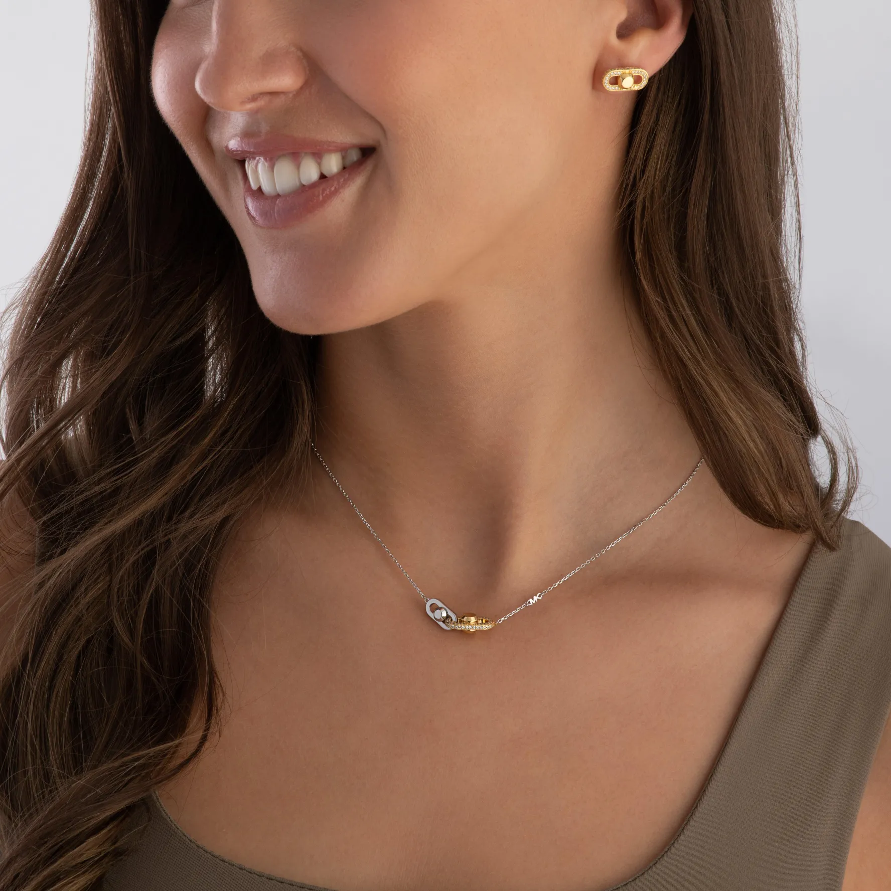 Michael Kors Astor Link Silver and Yellow Gold Plated Cubic Zirconia Necklace