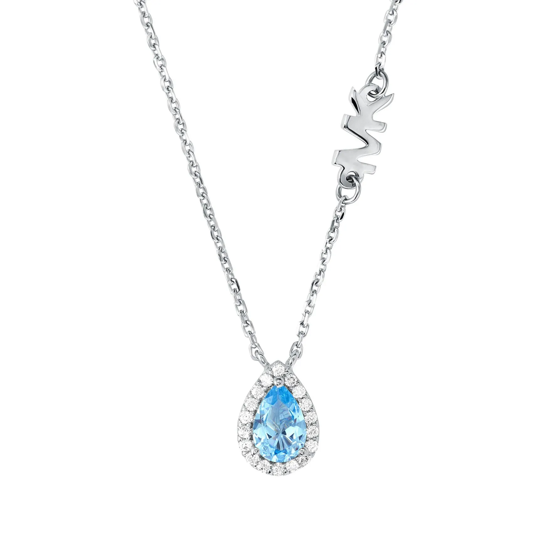 Michael Kors Exclusive Premium Silver Pear Shaped Blue Cubic Zirconia Halo Necklace