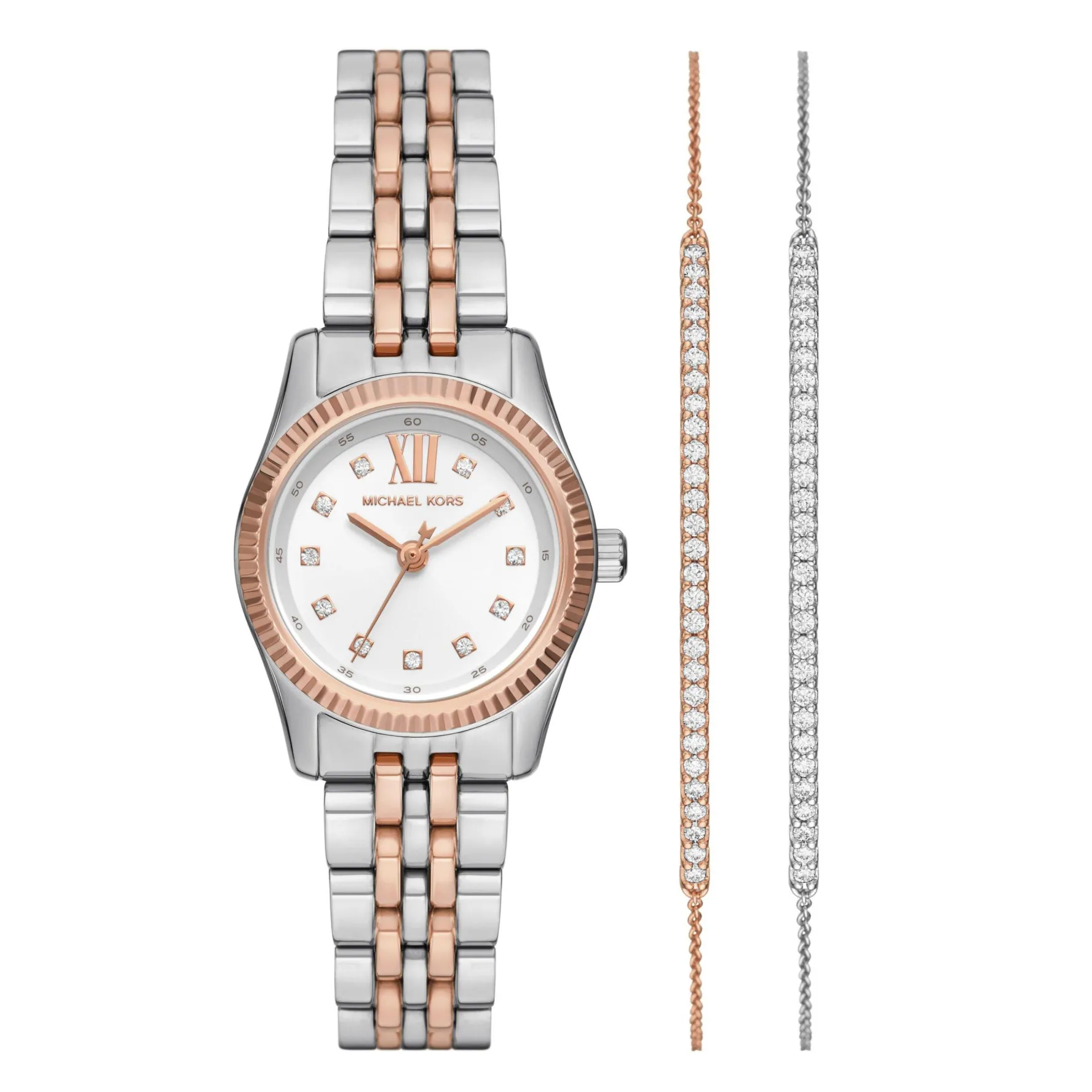 Michael Kors Lexington 26mm Stainless Steel and Rose Gold Tone Ladies Watch and Bracelet Set